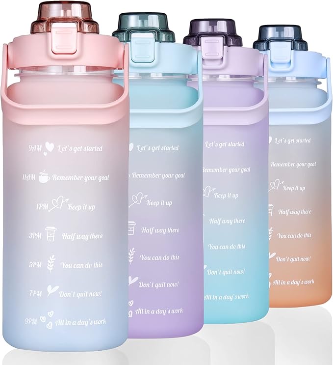 Large Motivational Water Bottle with Straw Time Marker BPA Free for Sport and Fitness (Pink Blue, 64 Oz / Half Gallon)