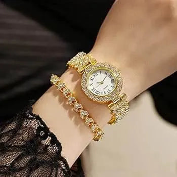 Luxury Diamond Stones Watch with Matching Bracelet – Elegant Gift Set