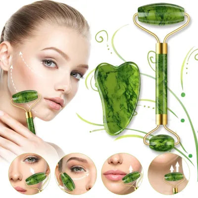 Jade Roller and Gua Sha Set-Facial Beauty Tools Massage Face Roller Skin Stone for Anti-face Ageing Neck Wrinkles,Neck and Eye Treatment Roller for Face and Eyes