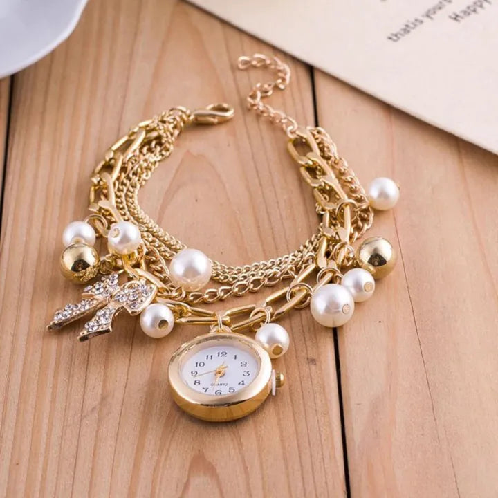 Best Pearl Bracelet Watch For Girls Golden Pearls Watch For Ladies Stylish Watch For Women