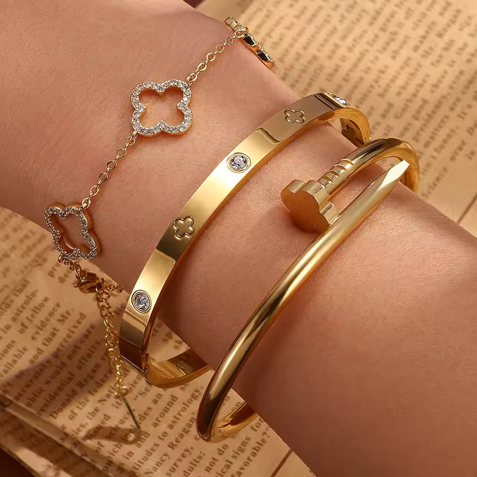 3pcs Set Stainless Steel Four-Leaf Clover Nails Stacked Bracelet 18K Gold Couple Jewelry Holiday Gift