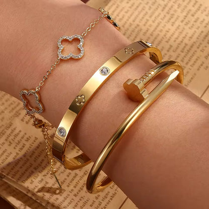 3pcs Set Stainless Steel Four-Leaf Clover Nails Stacked Bracelet 18K Gold Couple Jewelry Holiday Gift