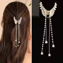 Women Butterfly Tassel Hair Clip Crystal Hair Claw Small Grab Clip Faux Pearls Decor Butterfly Shape Metal HairClip For Girl