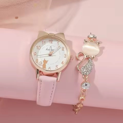 Fashion Kids Love Digital Dial Children Watch Set Leather Strap Quartz Watches Kid Girls Clock Children Watch + Bracelet no box
