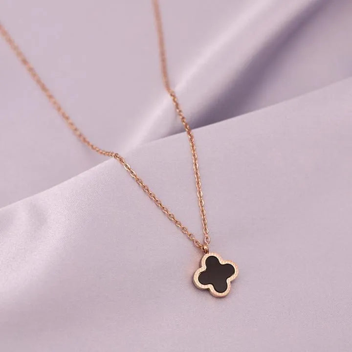 Black Clover Pendant 4 Leaf With Golden Chain For Girls Women Charming Fancy Flower Silver Necklace Set Girl, Ladies Stylish Locket